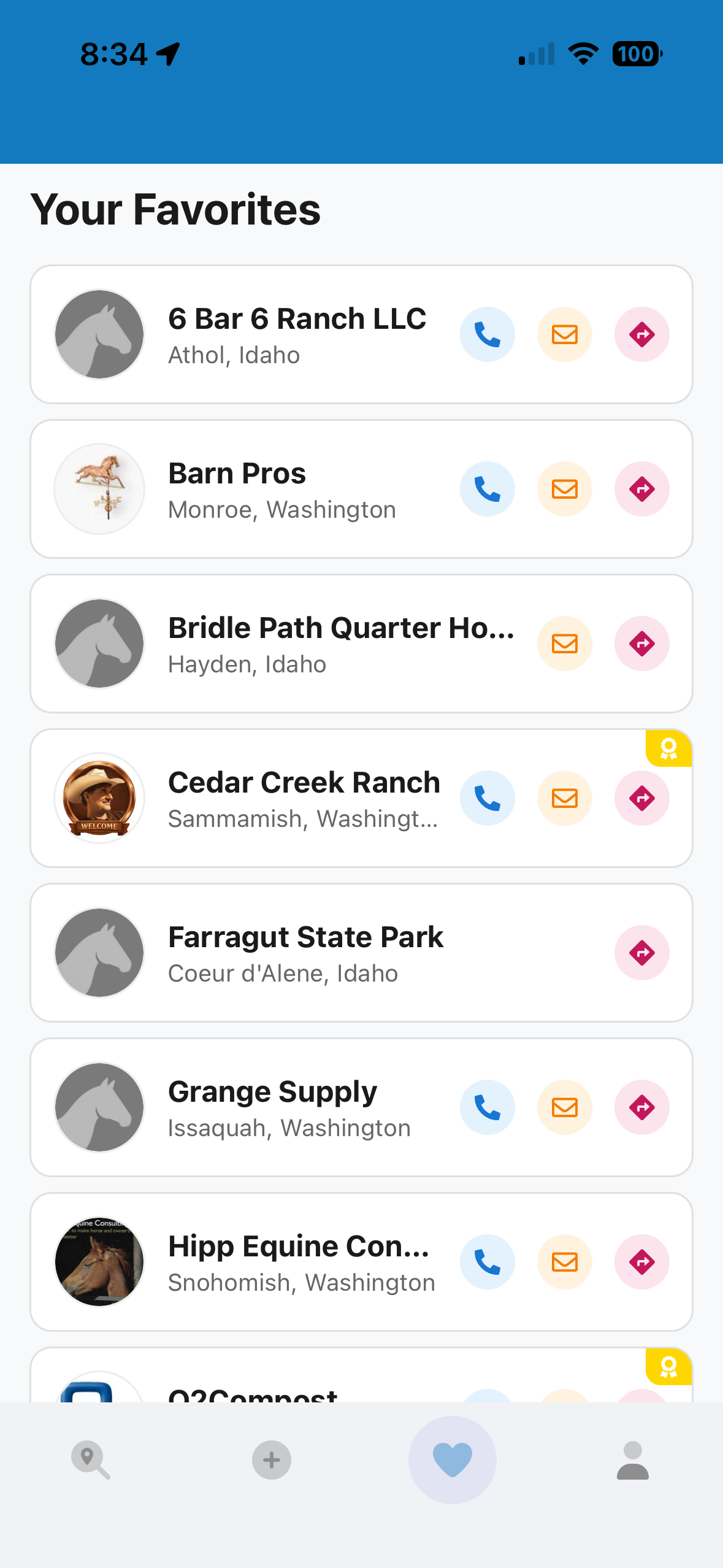Favorite equine businesses saved in HorsePros