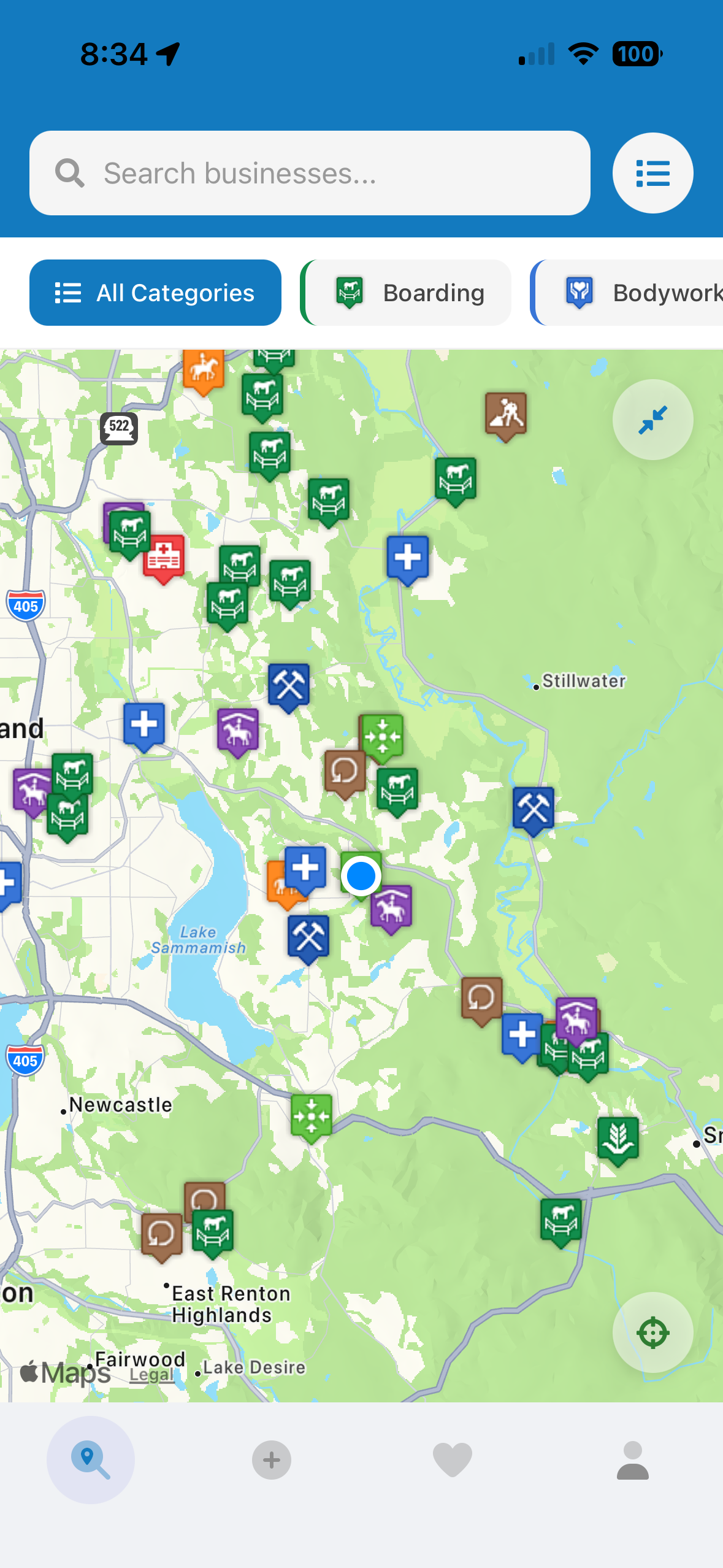 HorsePros search and map screen