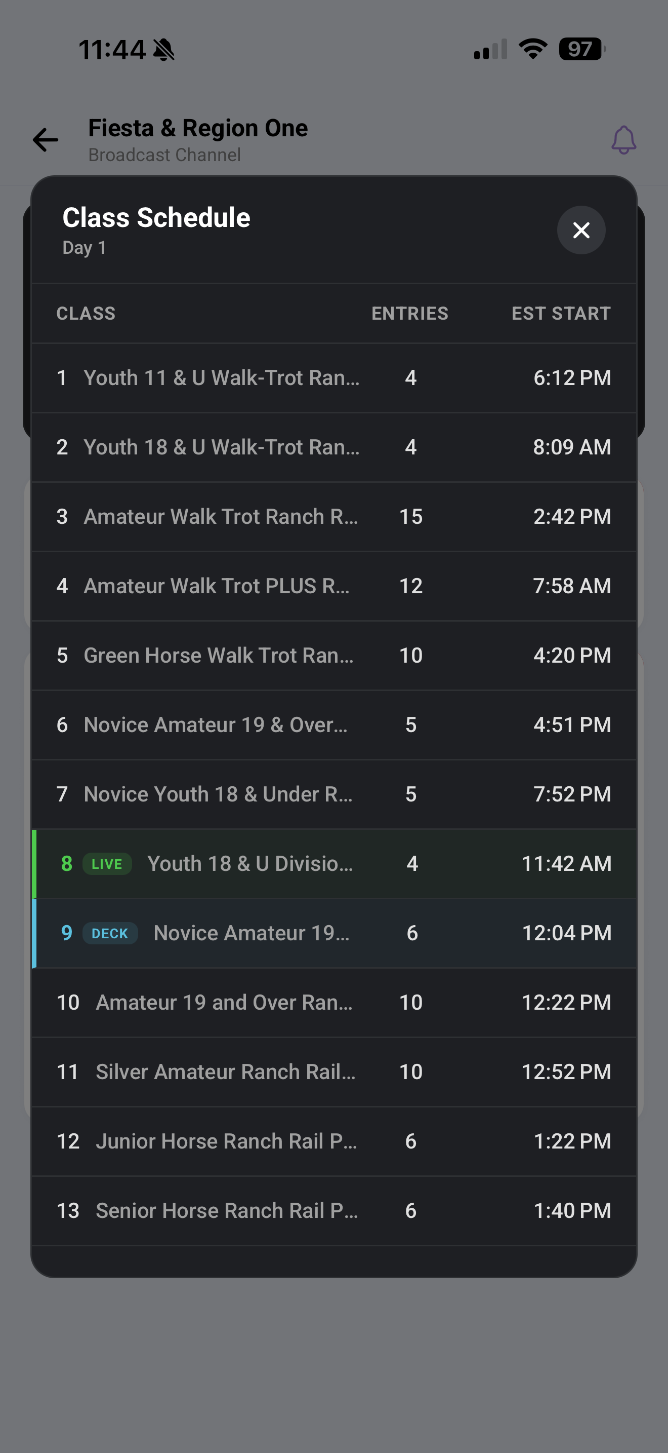 Estimated class start times with live and on deck information