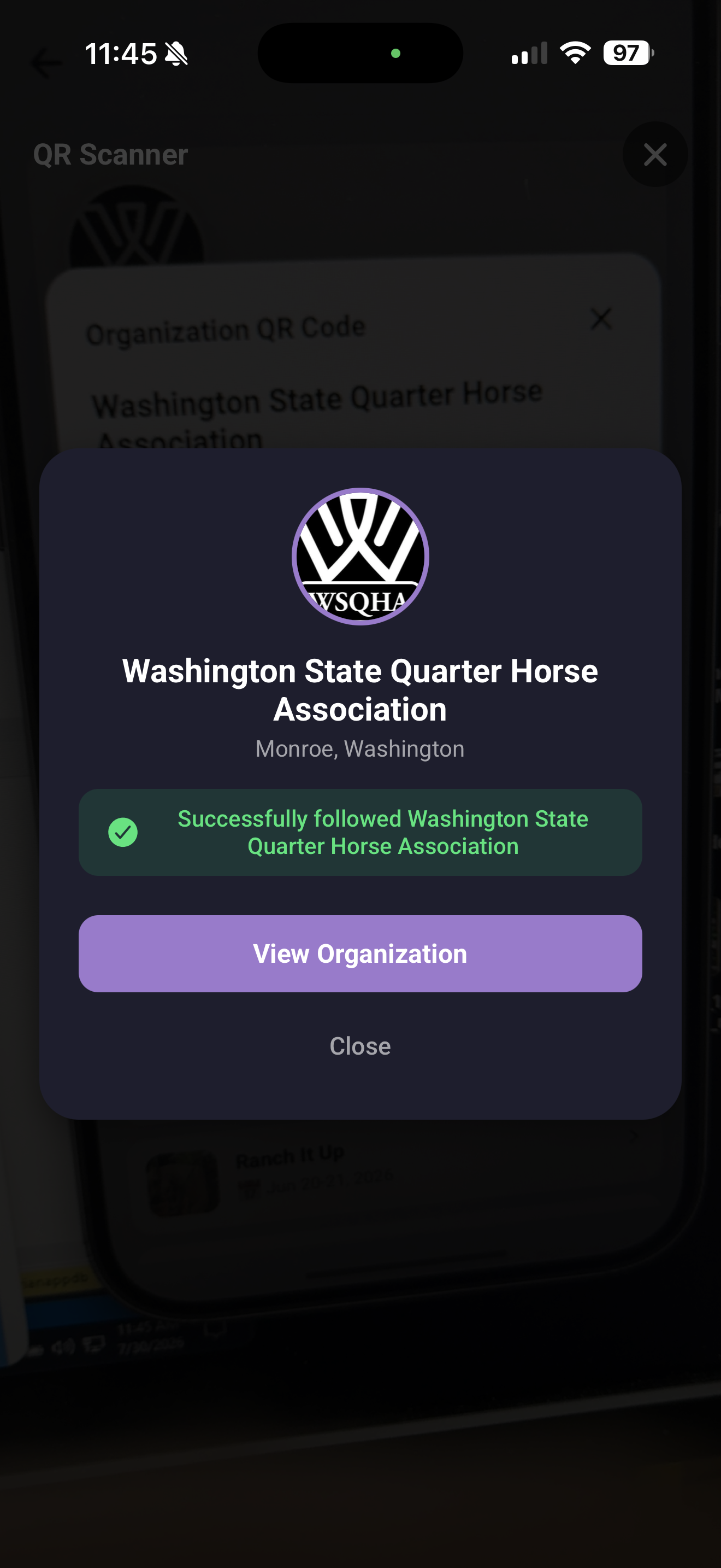 Following horse organizations in the Horse Show app