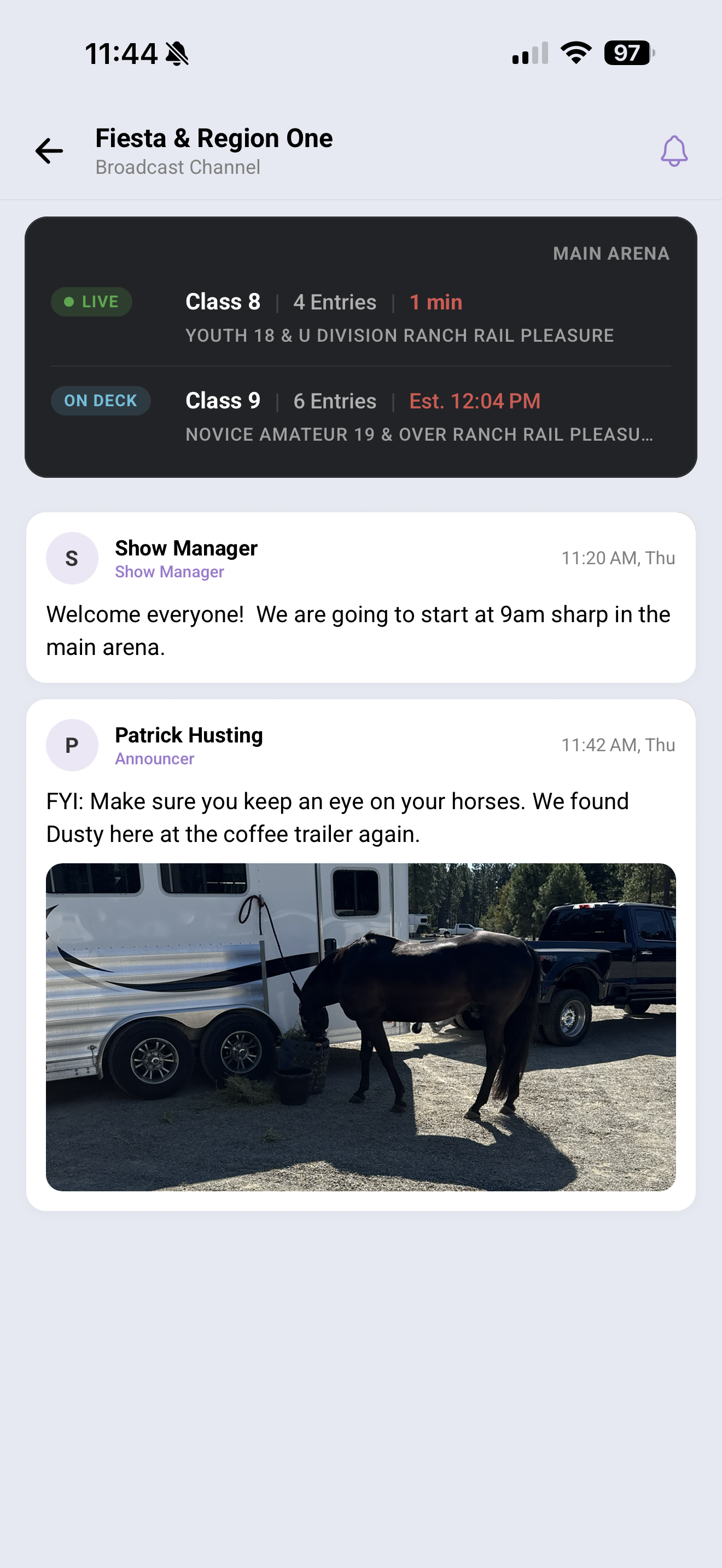 Horse Show app with live participant chat and class status