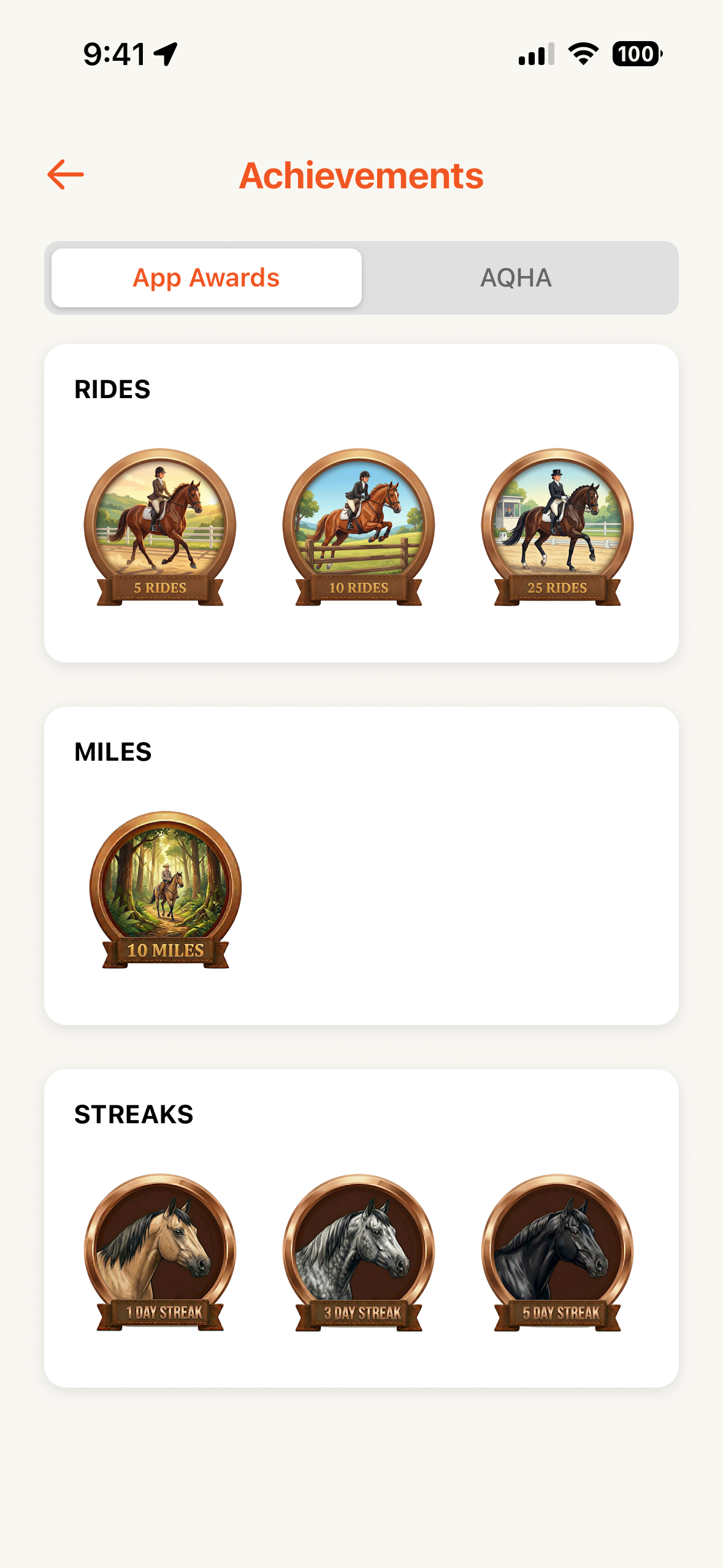 Achievements and milestones screen in RideTracker Pro
