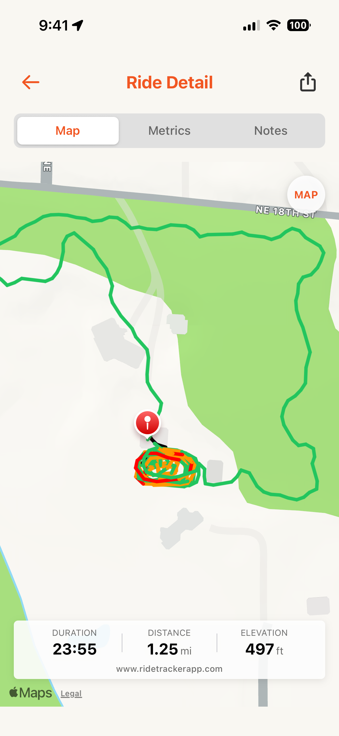 Detailed ride map view in RideTracker Pro