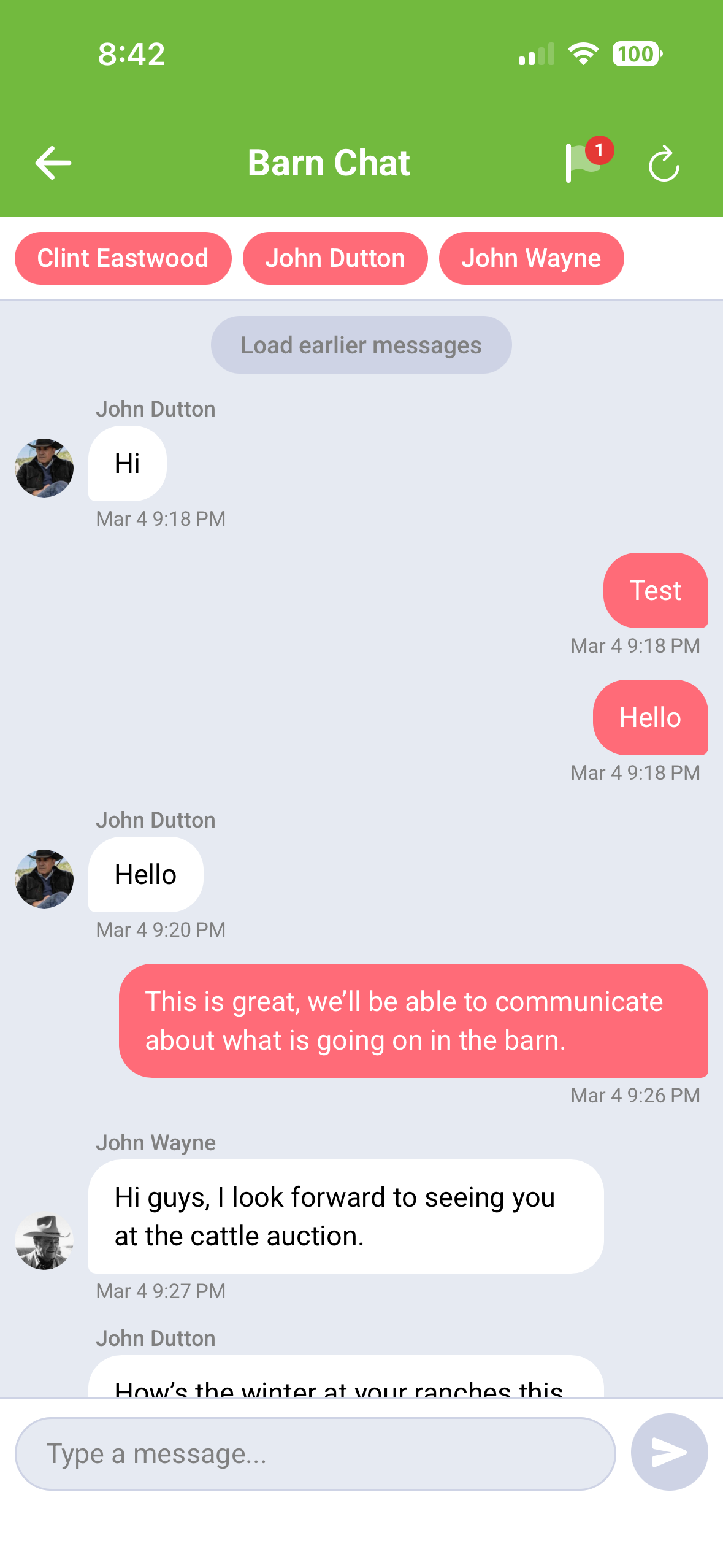 Barn Chat messaging screen