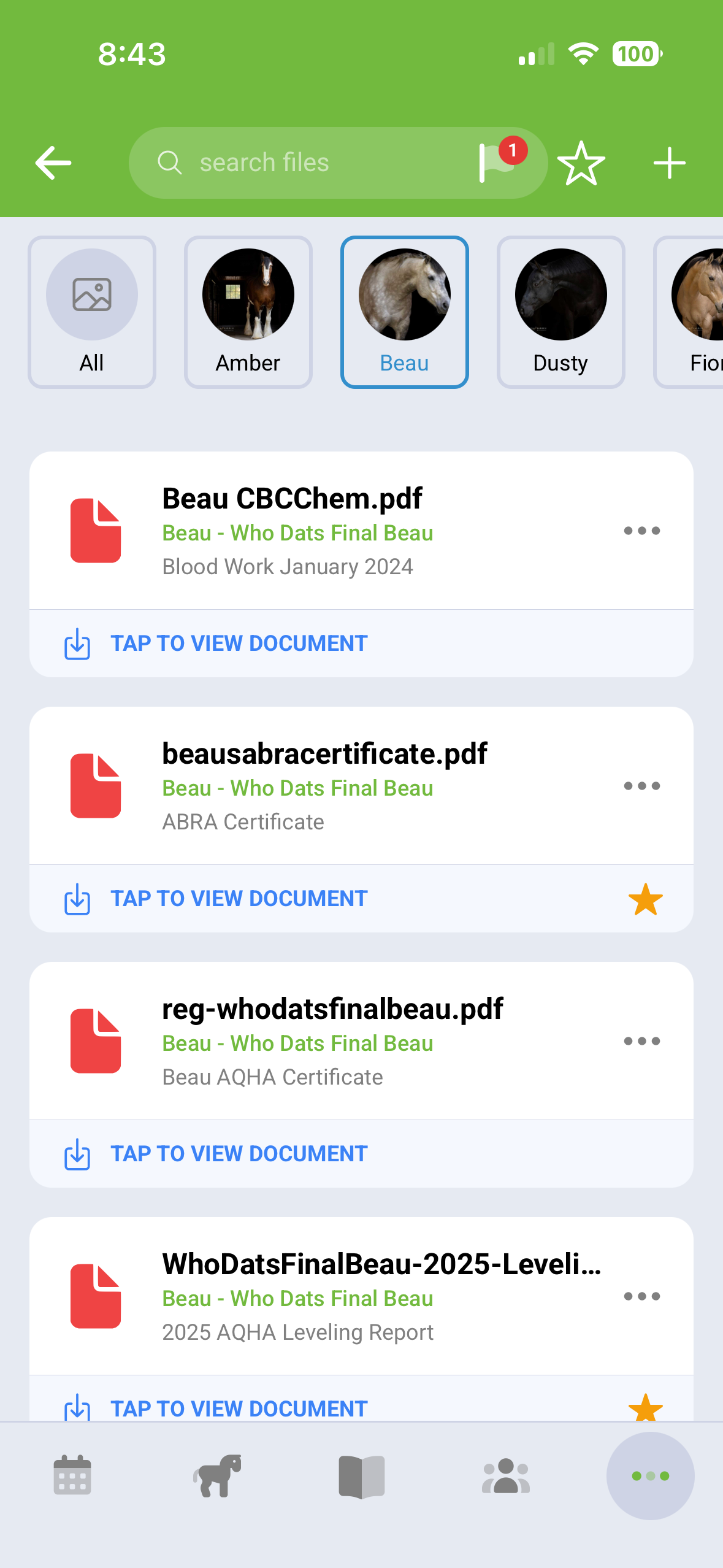 Horse documents and files screen