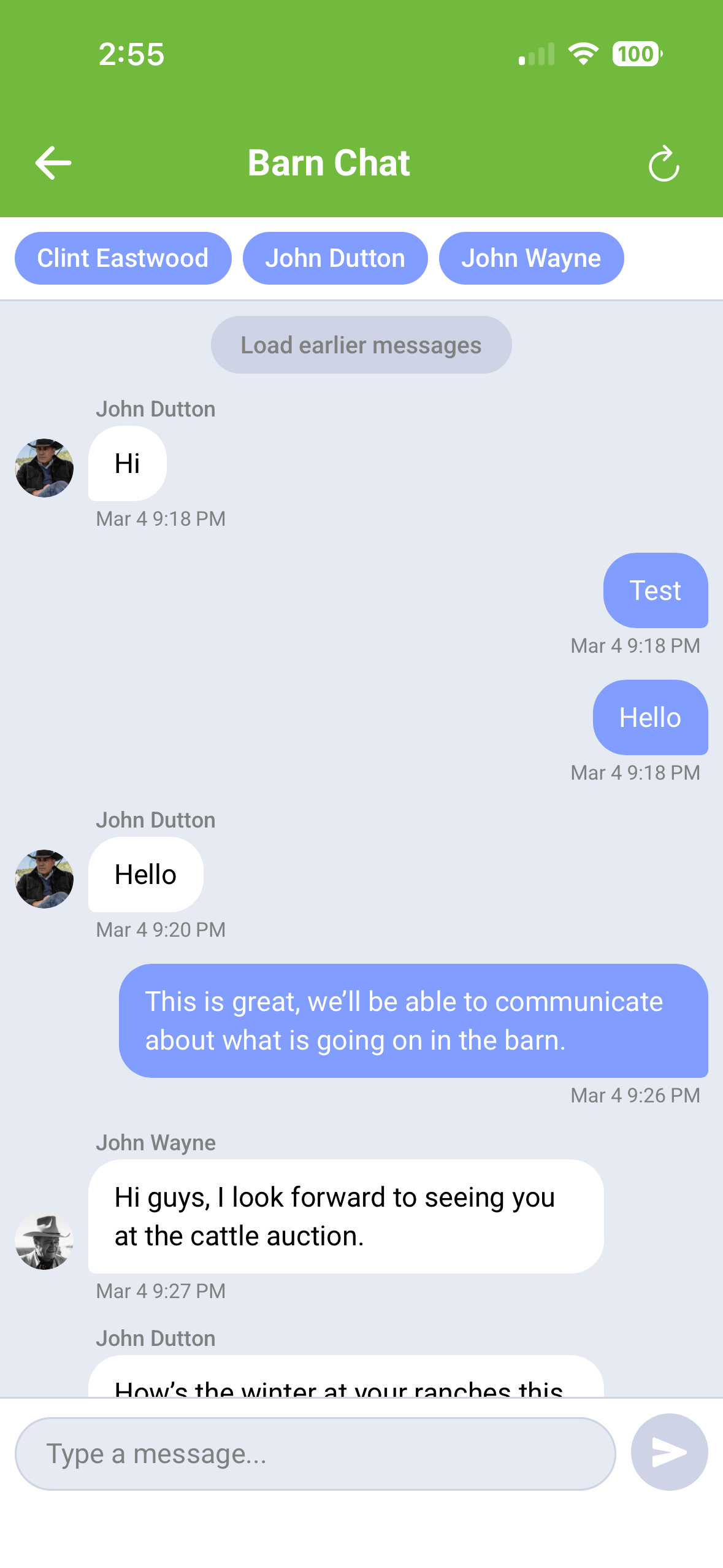 Barn Chat messaging screen