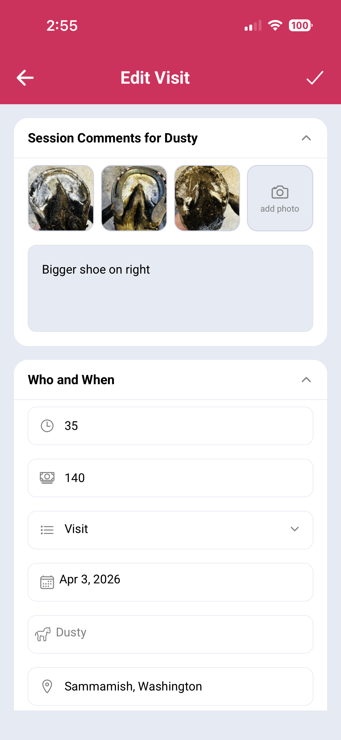 Farrier hoof visit details