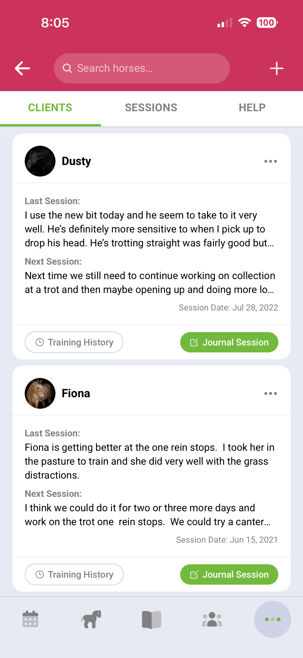Horse training session list